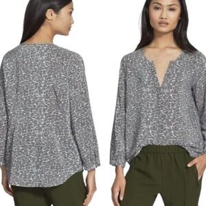 Joie Gray Printed Split-Neck silk Blouse